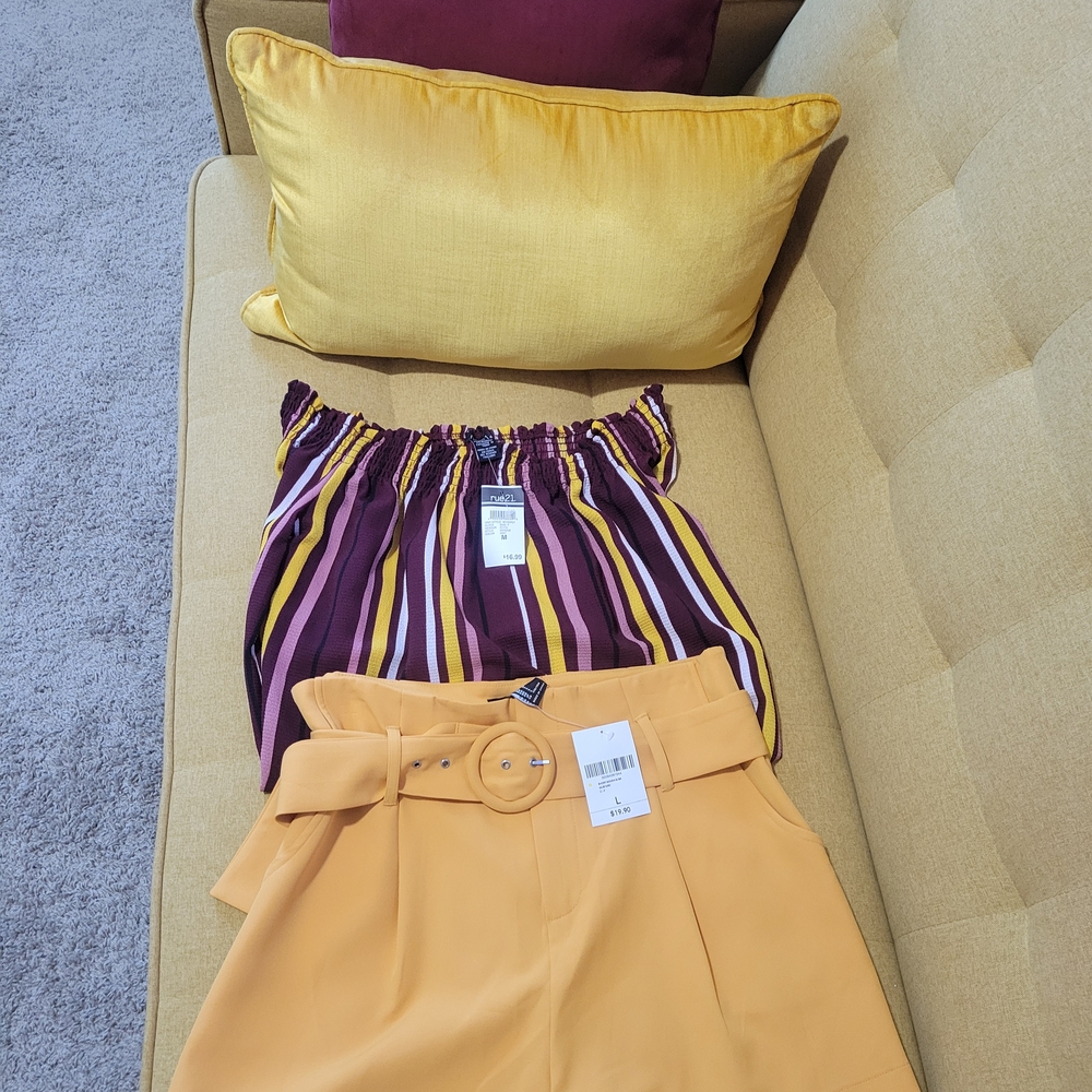 Forever 21 High Waist Shorts in Mustard with Striped Burgundy/Mustard Top